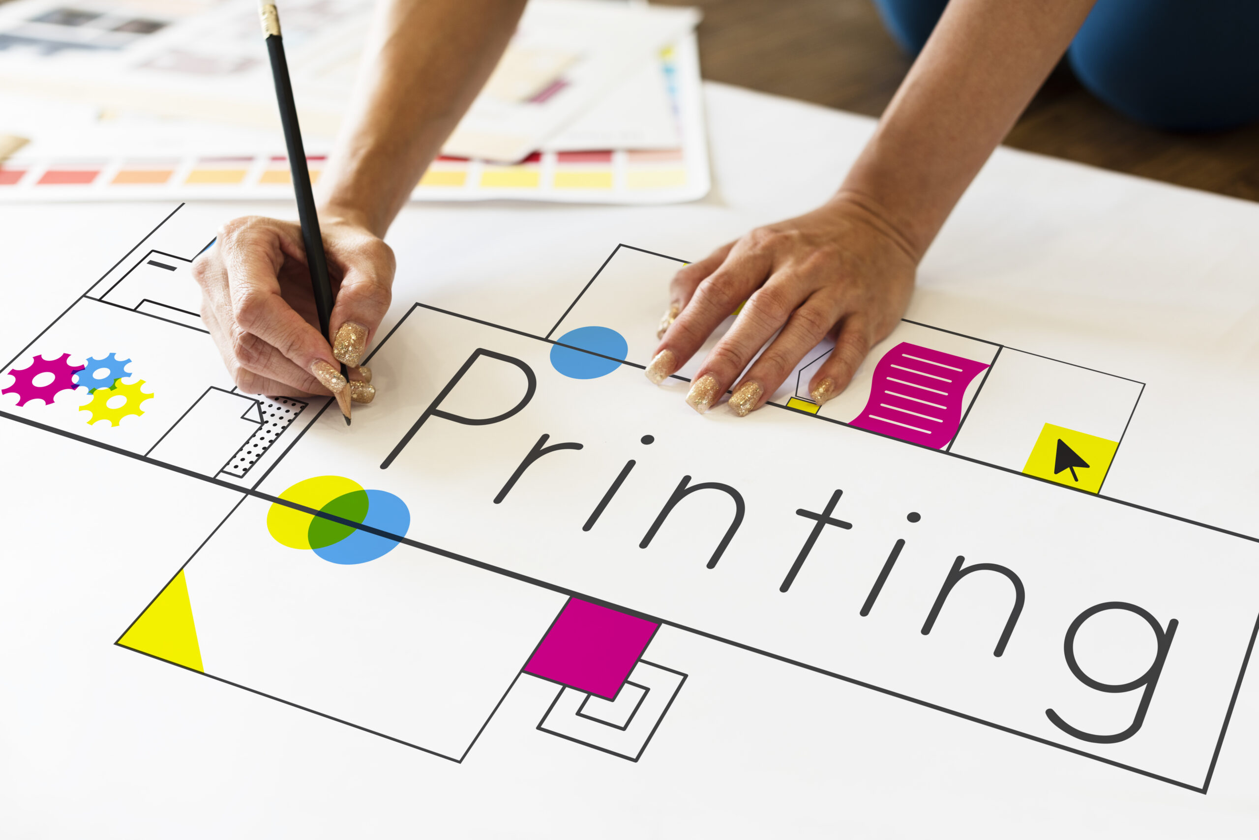 Hands working on network graphic overlay banner on desk Erreur d'impression